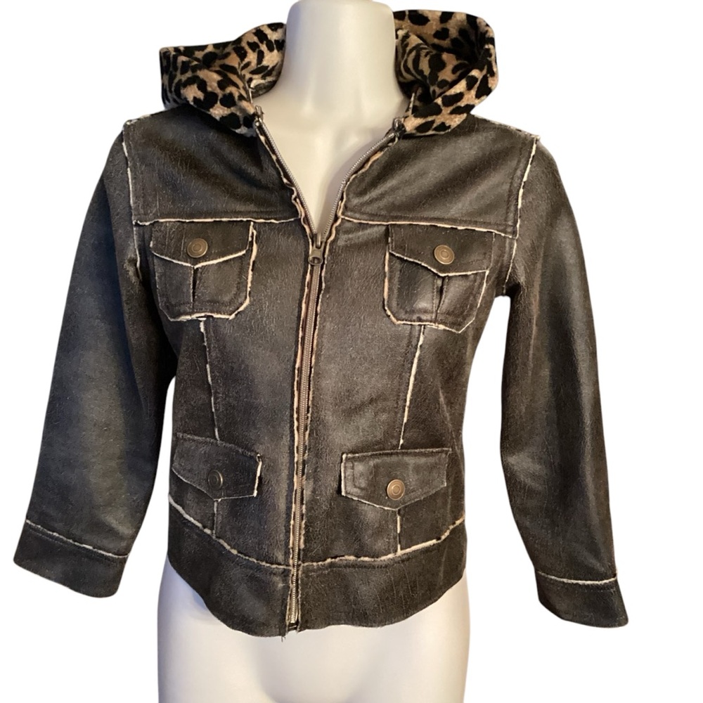 Dollhouse Soft Brown Faux Suede Jacket Coat with Leopard Print Hood and Lining